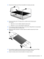 Page 9333.Disconnect the display logo LED board cable (3) from the display panel cable.
34.Remove the display panel. The display panel is available using the following spare
part numbers:
●480441-001 (17.0-inch, WSXGA+ BrightView display panel)
●480440-001 (17.0-inch, WXGA BrightView display panel)
35.If it is necessary to replace the display hinges, remove the four Phillips PM2.0×4.0 screws (1) that
secure each display hinge to the display panel.
36.Remove the display hinges (2). The display hinges are...