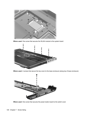Page 128Where used: One screw that secures the WLAN module to the system board
Where used: 4 screws that secure the top cover to the base enclosure (along top of base enclosure)
Where used: One screw that secures the power button board to the switch cover
120 Chapter 7   Screw listing 