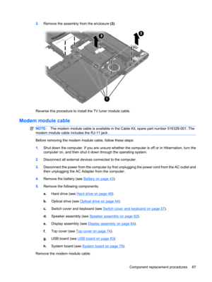 Page 953.Remove the assembly from the enclosure (3).
Reverse this procedure to install the TV tuner module cable.
Modem module cable
NOTE:The modem module cable is available in the Cable Kit, spare part number 516328-001. The
modem module cable includes the RJ-11 jack.
Before removing the modem module cable, follow these steps:
1.Shut down the computer. If you are unsure whether the computer is off or in Hibernation, turn the
computer on, and then shut it down through the operating system.
2.Disconnect all...