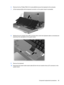 Page 676.Remove the four Phillips PM2.0×4.0 screws (2) that secure the keyboard to the computer.
7.Lift the keyboard (3) until the keyboard connector on the system board is accessible.
8.Release the zero insertion force (ZIF) connector (1) to which the keyboard cable is connected and
disconnect the cable (2) from the system board.
9.Remove the keyboard.
10.Disconnect the power button board cable (1) from the low insertion force (LIF) connector on the
system board.
Component replacement procedures 59 