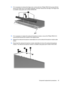 Page 7511.If it is necessary to remove the hinge cover, remove the four Phillips PM2.5×5.0 screws (1) that
secure the hinge cover to the display assembly, and then remove the cover (2). The hinge cover
is available using spare part number 537844-001.
12.If it is necessary to replace the webcam/microphone module, remove the Phillips PM2.0×4.0
screw (1) that secures the module to the display bezel.
13.Release the webcam/microphone module (2) as far as the webcam/microphone module cable
allows.
14.Disconnect the...