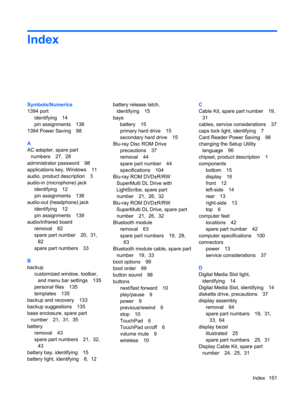 Page 159Index
Symbols/Numerics
1394 port
identifying 14
pin assignments 138
1394 Power Saving 98
A
AC adapter, spare part
numbers 27,  28
administrator password 98
applications key, Windows 11
audio, product description 3
audio-in (microphone) jack
identifying 12
pin assignments 138
audio-out (headphone) jack
identifying 12
pin assignments 139
audio/infrared board
removal 82
spare part number 20,  31, 
82
spare part numbers 33
B
backup
customized window, toolbar,
and menu bar settings 135
personal files 135...