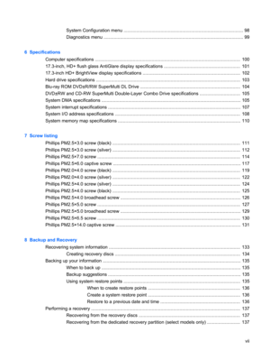 Page 7System Configuration menu .............................................................................................. 98
Diagnostics menu .............................................................................................................. 99
6  Specifications
Computer specifications ...................................................................................................................  100
17.3-inch, HD+ flush glass AntiGlare display specifications...