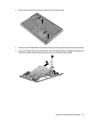 Page 892.Disconnect the hard drive connector cables from the system board.
3.Remove the two Phillips PM2.5×5.0 screws (1) that secure the system board to the base enclosure.
4.Lift up on the right side of the system board until it is at approximately a 45-degree angle (2), and
then lift the system board to the right and up and out of the base enclosure (3).
Component replacement procedures 81 