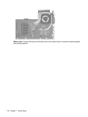 Page 126Where used: 3 screws that secure the fan/heat sink to the system board in computer models equipped
with discrete graphics
118 Chapter 7   Screw listing 