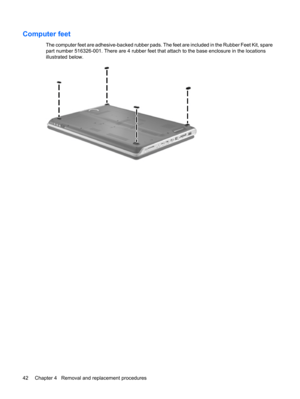 Page 50Computer feet
The computer feet are adhesive-backed rubber pads. The feet are included in the Rubber Feet Kit, spare
part number 516326-001. There are 4 rubber feet that attach to the base enclosure in the locations
illustrated below.
42 Chapter 4   Removal and replacement procedures 