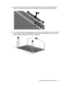 Page 7923.Disconnect the webcam/microphone module cable (2) and remove the webcam/microphone
module. The webcam/microphone module is available using spare part number 516312-001.
24.If it is necessary to replace the display panel, remove the two Phillips PM2.5×5.0 screws (1) from
the top corners and the six Phillips PM2.5×5.0 screws (2) from the display hinges. The display
panel is available using spare part number 516303-001.
Component replacement procedures 71 