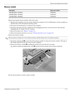 Page 53Removal and replacement procedures
Maintenance and Service Guide4–17
Memory module
Before removing the memory module, follow these steps: 
1. Shut down the computer. If you are unsure whether the computer is off or in Hibernation, turn the computer on, 
and then shut it down through the operating system. 
2. Disconnect all external devices connected to the computer. 
3. Disconnect the power from the computer by first unplugging the power cord from the AC outlet and then 
unplugging the AC adapter from...