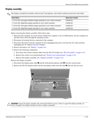 Page 61Removal and replacement procedures
Maintenance and Service Guide4–25
Display assembly
✎The display assembly kit includes webcam and 2 microphones, and wireless antenna transceivers and cables.
Before removing the display assembly, follow these steps: 
1. Shut down the computer. If you are unsure whether the computer is off or in Hibernation, turn the computer on, 
and then shut it down through the operating system. 
2. Disconnect all external devices connected to the computer. 
3. Disconnect the power...