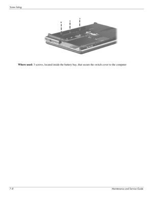 Page 1037–8Maintenance and Service Guide
Screw listing
Where used: 3 screws, located inside the battery bay, that secure the switch cover to the computer 