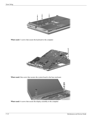 Page 1077–12Maintenance and Service Guide
Screw listing
Where used: 3 screws that secure the keyboard to the computer 
Where used: One screw that secures the system board to the base enclosure
Where used: 4 screws that secure the display assembly to the computer  