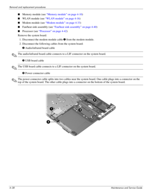 Page 774–38Maintenance and Service Guide
Removal and replacement procedures
■Memory module (see “Memory module” on page 4-10)
■WLAN module (see “WLAN module” on page 4-16)
■Modem module (see “Modem module” on page 4-33)
■Fan/heat sink assembly (see “Fan/heat sink assembly” on page 4-40)
■Processor (see “Processor” on page 4-42)
Remove the system board: 
1. Disconnect the modem module cable 1 from the modem module.
2. Disconnect the following cables from the system board:
2 Audio/infrared board cable
✎The...