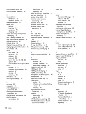 Page 118critical battery level 46
critical updates, software 82
D
device drivers
HP drivers 92
Windows drivers 92
Diagnostics menu 97
digital card
defined 71
inserting 71
removing 72
stopping 72
digital dual array microphones,
identifying 30
Disk Cleanup software 61
Disk Defragmenter software 61
disk performance 61
diskette drive 60
display image, switching 25
displaying system information 94
drive media 38
drives
boot order 96
caring for 52
diskette 60
external 60
hard 60,  62,  63,  65,  66
optical 60
See also...