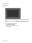 Page 12Components
Top components
TouchPad
ComponentFunction
TouchPad Moves the pointer and selects or activates items on the screen.
To view or change the pointing device preferences:
1.Select Start > Devices and Printers.
2.Right-click the device representing the computer.
3.Select Mouse settings.
2 Chapter 1   Features 