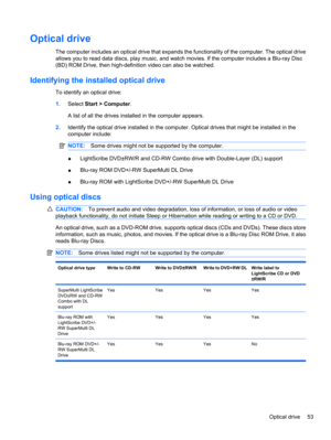 Page 63Optical drive
The computer includes an optical drive that expands the functionality of the computer. The optical drive
allows you to read data discs, play music, and watch movies. If the computer includes a Blu-ray Disc
(BD) ROM Drive, then high-definition video can also be watched.
Identifying the installed optical drive
To identify an optical drive:
1.Select Start > Computer.
A list of all the drives installed in the computer appears.
2.Identify the optical drive installed in the computer. Optical...