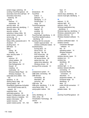 Page 120screen image, switching 25
scrolling TouchPad gesture 22
secondary hard drive self test 97
secondary hard drive,
replacing 65
security
features 77
passwords 78
security cable 82
security cable slot, identifying 7
Security menu 96
security, wireless 16
selecting in Setup Utility 94
serial number, computer 12
service tag 12
setup of WLAN 16
Setup Utility, passwords set in 79
shutdown 51
shutting down 51
SIM label 12
Sleep
exiting 38
initiating 38
slots, security cable 7
software
antivirus 81
critical...