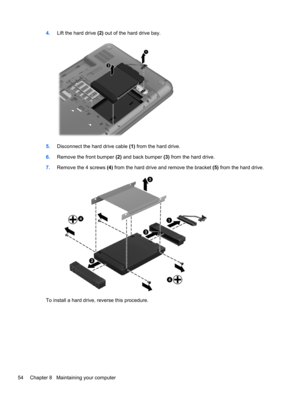 Page 644.Lift the hard drive (2) out of the hard drive bay.
5.Disconnect the hard drive cable (1) from the hard drive.
6.Remove the front bumper (2) and back bumper (3) from the hard drive.
7.Remove the 4 screws (4) from the hard drive and remove the bracket (5) from the hard drive.
To install a hard drive, reverse this procedure.
54 Chapter 8   Maintaining your computer 