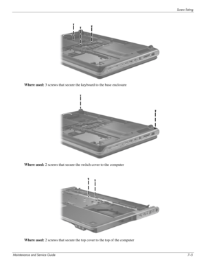 Page 104Screw listing
Maintenance and Service Guide7–5
Where used: 3 screws that secure the keyboard to the base enclosure
Where used: 2 screws that secure the switch cover to the computer
Where used: 2 screws that secure the top cover to the top of the computer 