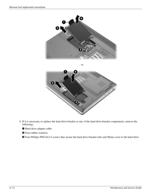 Page 484–12Maintenance and Service Guide
Removal and replacement procedures
or
4. If it is necessary to replace the hard drive bracket or any of the hard drive bracket components, remove the 
following: 
1 Hard drive adapter cable
2 Four rubber isolators
3 Four Phillips PM3.0×3.5 screws that secure the hard drive bracket rails and Mylar cover to the hard drive 