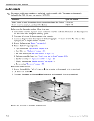 Page 724–36Maintenance and Service Guide
Removal and replacement procedures
Modem module
✎The modem module spare part kit does not include a modem module cable. The modem module cable is 
included in the Cable Kit, spare part number 516328-001.
Before removing the modem module, follow these steps: 
1. Shut down the computer. If you are unsure whether the computer is off or in Hibernation, turn the computer on, 
and then shut it down through the operating system. 
2. Disconnect all external devices connected to...