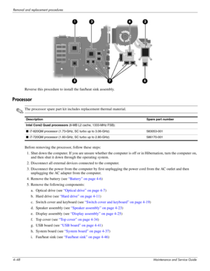 Page 844–48Maintenance and Service Guide
Removal and replacement procedures
Reverse this procedure to install the fan/heat sink assembly.
Processor 
✎The processor spare part kit includes replacement thermal material. 
Before removing the processor, follow these steps: 
1. Shut down the computer. If you are unsure whether the computer is off or in Hibernation, turn the computer on, 
and then shut it down through the operating system. 
2. Disconnect all external devices connected to the computer. 
3. Disconnect...