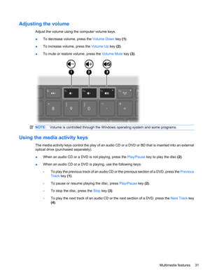 Page 41Adjusting the volume
Adjust the volume using the computer volume keys.
●To decrease volume, press the Volume Down key (1).
●To increase volume, press the Volume Up key (2).
●To mute or restore volume, press the Volume Mute key (3).
NOTE:Volume is controlled through the Windows operating system and some programs.
Using the media activity keys
The media activity keys control the play of an audio CD or a DVD or BD that is inserted into an external
optical drive (purchased separately).
●When an audio CD or a...