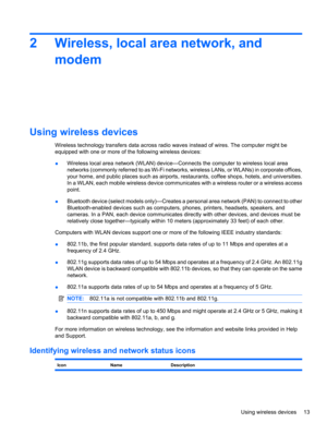 Page 232 Wireless, local area network, and
modem
Using wireless devices
Wireless technology transfers data across radio waves instead of wires. The computer might be
equipped with one or more of the following wireless devices:
●Wireless local area network (WLAN) device—Connects the computer to wireless local area
networks (commonly referred to as Wi-Fi networks, wireless LANs, or WLANs) in corporate offices,
your home, and public places such as airports, restaurants, coffee shops, hotels, and universities.
In a...