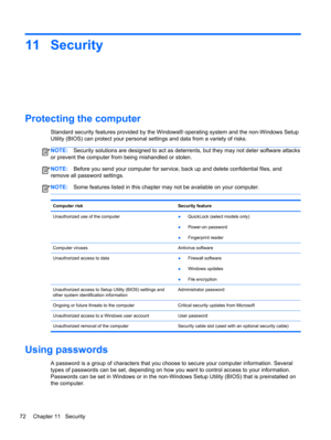 Page 8211 Security
Protecting the computer
Standard security features provided by the Windows® operating system and the non-Windows Setup
Utility (BIOS) can protect your personal settings and data from a variety of risks.
NOTE:Security solutions are designed to act as deterrents, but they may not deter software attacks
or prevent the computer from being mishandled or stolen.
NOTE:Before you send your computer for service, back up and delete confidential files, and
remove all password settings.
NOTE:Some...