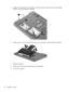 Page 742.Replace the 4 screws (1) on the hard drive , insert the hard drive cable under the cable clip (2),
and then connect the hard drive cable (3).
3.Align the tabs on the cover (1) with the notches on the computer, and then close the cover (2).
4.Replace the battery.
5.Reconnect AC power and external devices to the computer.
6.Turn on the computer.
64 Chapter 9   Drives 