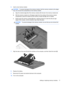 Page 816.Insert a new memory module:
CAUTION:To prevent damage to the memory module, hold the memory module by the edges
only. Do not touch the components on the memory module.
a.Align the notched edge (1) of the memory module with the tab in the memory module slot.
b.With the memory module at a 45-degree angle from the surface of the memory module
compartment, press the module into the memory module slot (2) until it is seated.
c.Gently press the memory module (3) down, applying pressure to both the left and...