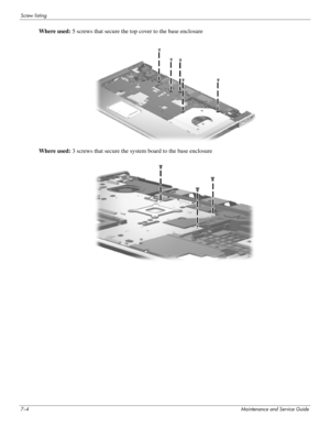 Page 1127–4Maintenance and Service Guide
Screw listing
Where used: 5 screws that secure the top cover to the base enclosure
Where used: 3 screws that secure the system board to the base enclosure 