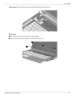 Page 115Screw listing
Maintenance and Service Guide7–7
Where used: One screw that secures the power button board to the top cover
Where used:
1 Four screws that secure the keyboard to the computer
2 Two screws that secure the speaker assembly to the top cover 