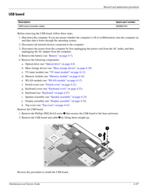 Page 91Removal and replacement procedures
Maintenance and Service Guide4–57
USB board
Before removing the USB board, follow these steps: 
1. Shut down the computer. If you are unsure whether the computer is off or in Hibernation, turn the computer on, 
and then shut it down through the operating system. 
2. Disconnect all external devices connected to the computer. 
3. Disconnect the power from the computer by first unplugging the power cord from the AC outlet, and then 
unplugging the AC adapter from the...