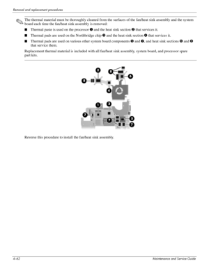 Page 964–62Maintenance and Service Guide
Removal and replacement procedures
✎The thermal material must be thoroughly cleaned from the surfaces of the fan/heat sink assembly and the system 
board each time the fan/heat sink assembly is removed:
■Thermal paste is used on the processor 1 and the heat sink section 2 that services it.
■Thermal pads are used on the Northbridge chip 3 and the heat sink section 4 that services it.
■Thermal pads are used on various other system board components 5 and 7, and heat sink...