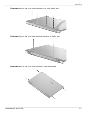 Page 121Screw listing
Maintenance and Service Guide7–9
Where used: 4 screws that secure the display hinge cover to the display bezel
Where used: 2 screws that secure the display hinge bracket to the display bezel
Where used: 4 screws that secure the display hinges to the display panel 