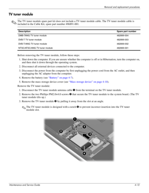 Page 51Removal and replacement procedures
Maintenance and Service Guide4–13
TV tuner module
✎The TV tuner module spare part kit does not include a TV tuner module cable. The TV tuner module cable is 
included in the Cable Kit, spare part number 496891-001.
Before removing the TV tuner module, follow these steps: 
1. Shut down the computer. If you are unsure whether the computer is off or in Hibernation, turn the computer on, 
and then shut it down through the operating system. 
2. Disconnect all external...