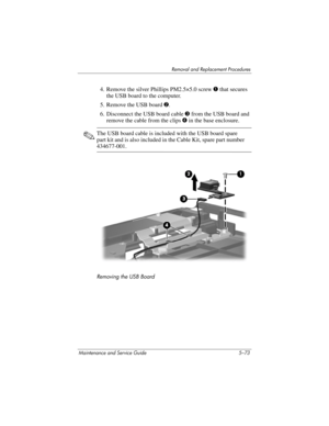 Page 189Removal and Replacement Procedures
Maintenance and Service Guide 5–73
4. Remove the silver Phillips PM2.5×5.0 screw 1 that secures 
the USB board to the computer.
5. Remove the USB board 2.
6. Disconnect the USB board cable 3 from the USB board and 
remove the cable from the clips 4 in the base enclosure.
✎The USB board cable is included with the USB board spare 
part kit and is also included in the Cable Kit, spare part number 
434677-001.
Removing the USB Board 