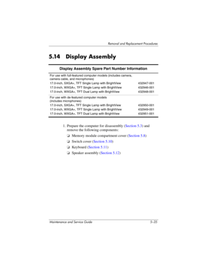 Page 151Removal and Replacement Procedures
Maintenance and Service Guide 5–35
5.14 Display Assembly
1. Prepare the computer for disassembly (Section 5.3) and 
remove the following components:
❏Memory module compartment cover (Section 5.8)
❏Switch cover (Section 5.10)
❏Keyboard (Section 5.11)
❏Speaker assembly (Section 5.12)
Display Assembly Spare Part Number Information
For use with full-featured computer models (includes camera, 
camera cable, and microphones)
17.0-inch, SXGA+, TFT Single Lamp with BrightView...