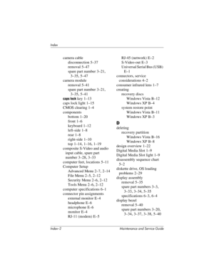 Page 296Index–2 Maintenance and Service Guide
Index
camera cable
disconnection
 5–37
removal
 5–47
spare part number
 3–21, 
3–35, 5–47
camera module
removal
 5–41
spare part number
 3–21, 
3–35, 5–41
caps lock key 1–13
caps lock light
 1–15
CMOS clearing
 1–4
components
bottom
 1–20
front
 1–6
keyboard
 1–12
left-side
 1–8
rear
 1–8
right-side
 1–10
top
 1–14, 1–16, 1–19
composite S-Video and audio 
input cable, spare part 
number
 3–28, 3–33
computer feet, locations
 5–11
Computer Setup
Advanced Menu
 2–7,...