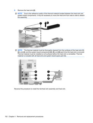 Page 1126.Remove the heat sink (2).
NOTE:Due to the adhesive quality of the thermal material located between the heat sink and
system board components, it may be necessary to move the heat sink from side to side to detach
the assembly.
NOTE:The thermal material must be thoroughly cleaned from the surfaces of the heat sink (1),
(2), and (3), and the system board components (4), (5), and (6) each time the heat sink is removed.
Thermal material must be installed on all surfaces before the heat sink is reinstalled....