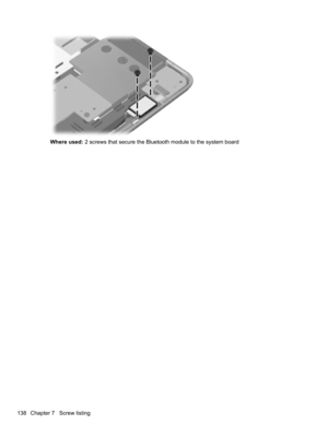 Page 148Where used: 2 screws that secure the Bluetooth module to the system board
138 Chapter 7   Screw listing 