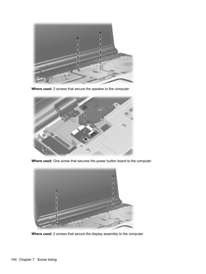 Page 150Where used: 2 screws that secure the speaker to the computer
Where used: One screw that secures the power button board to the computer
Where used: 2 screws that secure the display assembly to the computer
140 Chapter 7   Screw listing 