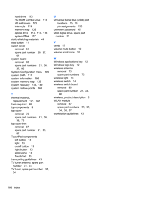 Page 176hard drive 113
HD-ROM Combo Drive 115
I/O addresses 122
interrupts 119
memory map 126
optical drive 114,  115,  116
system DMA 117
static-shielding materials 44
stop button 11
switch cover
removal 61
spare part number 20,  37,
61
system board
removal 92
spare part numbers 21,  36,
37,  92
System Configuration menu 109
system DMA 117
system information 108
system memory map 126
system recovery 146,  149
system restore points 148
T
thermal material,
replacement 101,  102
tools required 40
top components 9...
