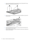 Page 1044.Remove the three Phillips PM2.5×8.0 screws (1) and the three silver Phillips PM2.5×5.0 screws
(2) that secure the system board to the base enclosure.
5.Remove the power connector cable (1) and the rear USB board cable (2) from the clips built into
the base enclosure.
6.Use the area immediately behind the optical drive connector board (1) to lift the right side of the
system board (2) until it rests at an angle.
7.Remove the optical drive connector board (3). The optical drive connector board is...