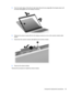 Page 595.Flex the inside edges of the left and right sides (1) and the top edge (2) of the display bezel until
the bezel disengages from the display enclosure.
6.Release the camera module (1) from the display enclosure as far as the camera module cable
allows.
7.Disconnect the camera module cable (2) from the camera module.
8.Remove the camera module.
Reverse this procedure to install the camera module.
Component replacement procedures 49 