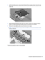 Page 653.Lift the front of the cover (2), swing it toward the back of the computer, and then remove the cover.
The memory/WLAN module compartment cover is included in the Plastics Kit, spare part number
432981-001.
4.Spread the retaining tabs (1) on each side of the memory module slot to release the memory
module. (The edge of the module opposite the slot rises away from the computer.)
5.Remove the module (2) by pulling it away from the slot at an angle.
NOTE:Memory modules are designed with a notch (3) to...