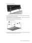 Page 818.Remove the display assembly (3).
9.If it is necessary to replace the display bezel or any of the display assembly internal components,
remove the following screw covers and screws:
(1) Three rubber screw covers on the display bezel top edge. The display rubber screw covers are
included in the Rubber Kit, spare part number 448017-001.
(2) Two rubber screw covers on the display bezel bottom edge.
(3) Five Phillips PM2.5×8.0 screws.
10.Flex the inside edges of the left and right sides (1) and the top and...