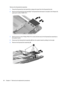 Page 96Remove the ExpressCard assembly:
1.Press the ExpressCard slot bezel (1) to release the bezel from the ExpressCard slot.
2.Remove the ExpressCard slot bezel (2). The ExpressCard slot bezel is included in the Plastics Kit,
spare part number 432981-001.
3.Remove the four silver Phillips PM2.5×5.0 screws (1) that secure the ExpressCard assembly to
the system board.
4.Disconnect the ExpressCard assembly (2) from the system board by sliding it to the right.
5.Remove the ExpressCard assembly (3).
86 Chapter 4...