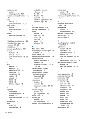 Page 174headphone jack
location 14
pin assignments 150
headset, spare part number 31,
32
hinge
removal 72
spare part number 33,  73
hinge cover
removal 73
spare part number 27,  33,
73
hinges
spare part numbers 26
I
I/O address specifications 122
infrared emitter, spare part
number 31,  34
infrared lens 14
interrupt specifications 119
inverter
illustrated 20
removal 50,  51
spare part numbers 26,  33,
50
J
jacks
audio-in 14
audio-out 14
audio-out S/PDIF 14
headphone 14
microphone 14
modem 15
network 15
RJ-11 15...