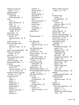 Page 175Plastics Kit, spare part
number 21,  33
play/pause button 11
pointing device
components 13
product description 8
ports
1394 16
external monitor port 15
HDMI 16
monitor port 15
product description 7
Universal Serial Bus
(USB) 15,  16
power button 10
power button board
removal 67
spare part number 20,  33,
67
power connector 15
power connector bracket
removal 91
spare part number 22,  33,
91
power cord set requirements 154
power cord, spare part
numbers 31,  32
power light 14
power requirements, product...